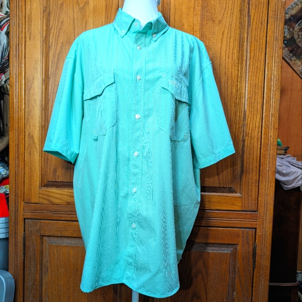 AFTCO XL sea green micro check gingham ultra light vented 2 pocket fishing shirt